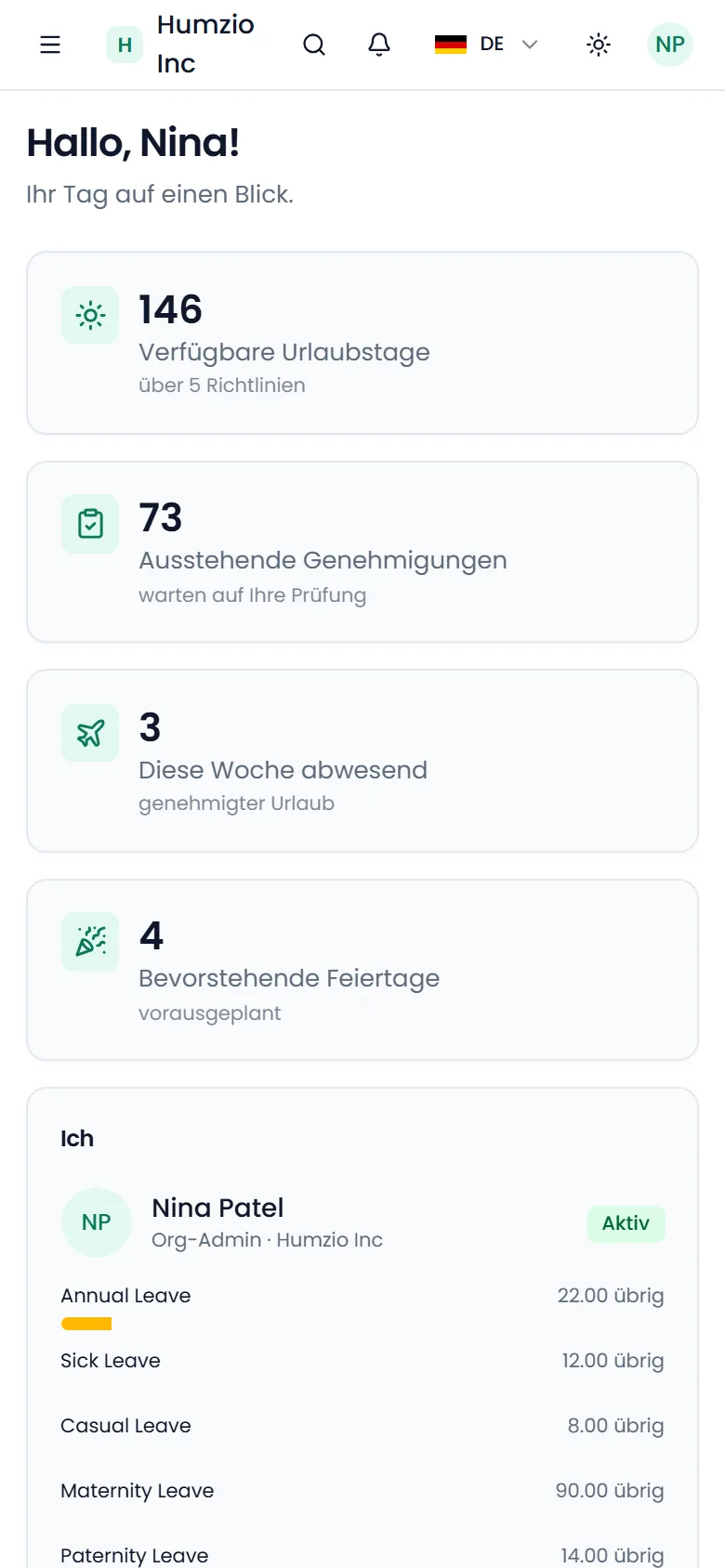 Humzio-Dashboard mit Urlaubskonten, offenen Genehmigungen und wer heute abwesend ist