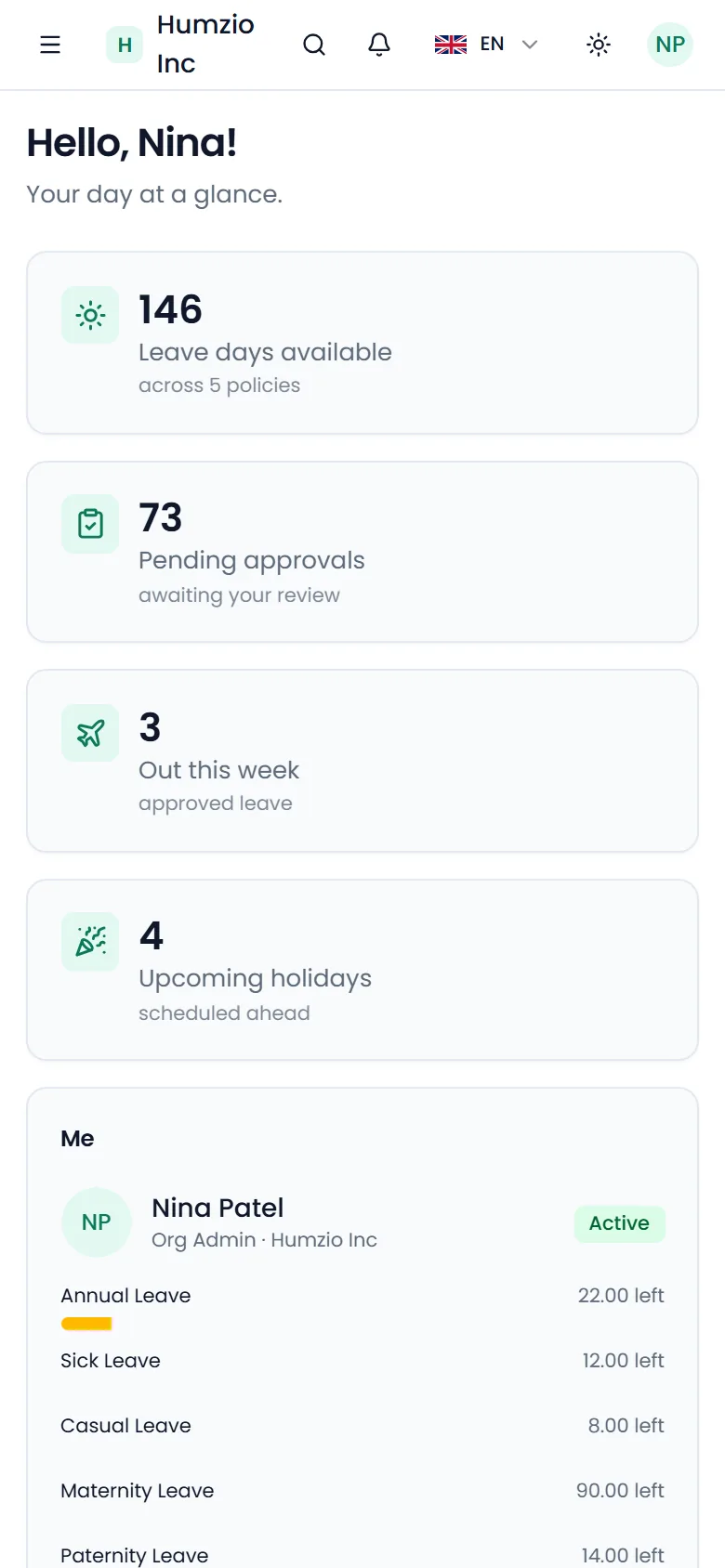 Humzio dashboard showing leave balances, pending approvals, and who’s out today