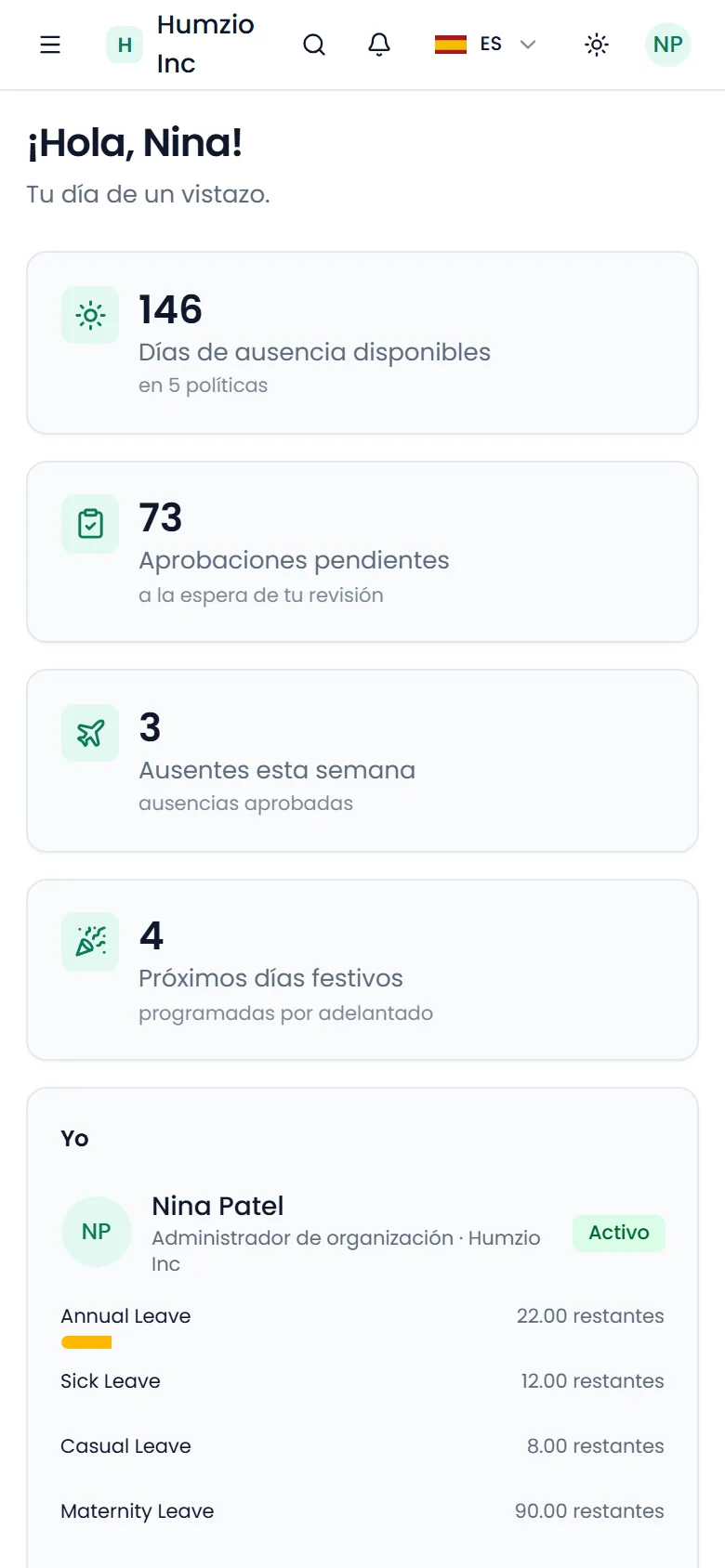 Panel de Humzio con saldos de ausencias, aprobaciones pendientes y quién está fuera hoy